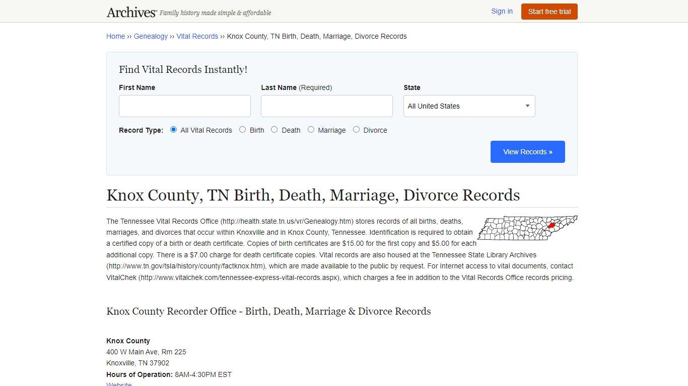 Knox County, TN Birth, Death, Marriage, Divorce Records - Archives.com